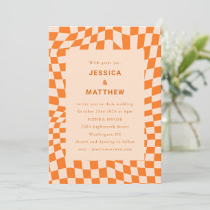 Invitation Mariage super Retro Orange Abstrait Checkerboard
