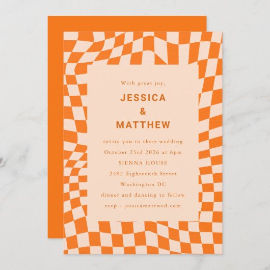 Invitation Mariage super Retro Orange Abstrait Checkerboard (Devant / Derrière)