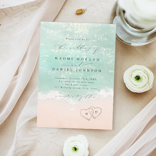 Invitation Mariage sur la plage à Modern Script coeurs dans l