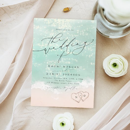 Invitation Mariage sur la plage à Modern Script Cœurs dans le