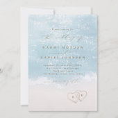 Invitation Mariage sur la plage avec coeurs dans le sable en (Devant)