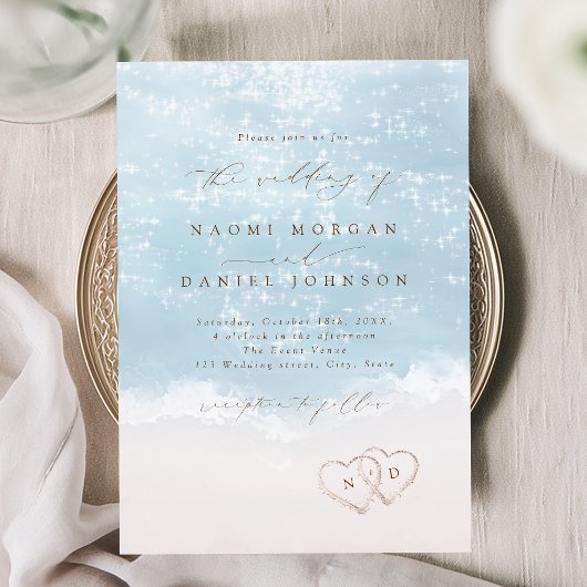 Invitation Mariage sur la plage avec coeurs dans le sable en