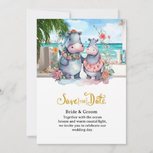 Invitation Mariage sur la Plage avec Couple Hippopotames