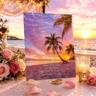 Invitation Mariage sur la plage avec guirlandes lumineuses au