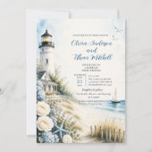 Invitation Mariage sur la plage avec un phare côtier (Devant)