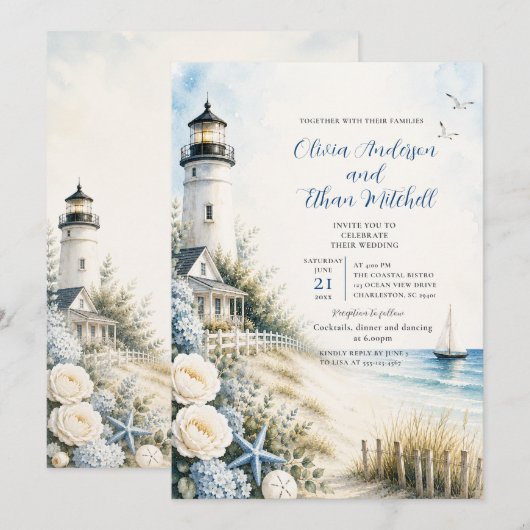 Invitation Mariage sur la plage avec un phare côtier (Devant / Derrière)