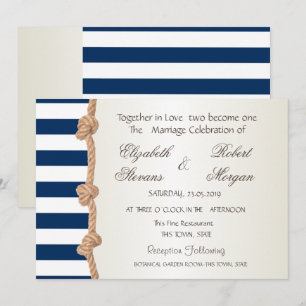 Invitation Mariage sur la Plage Corde Navy, Cœurs, Rayures In