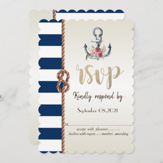 Invitation Mariage sur la plage Corde Navy, rayé  RSVP   (Devant / Derrière)