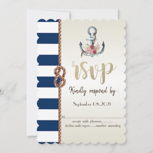 Invitation Mariage sur la plage Corde Navy, rayé  RSVP   (Devant)