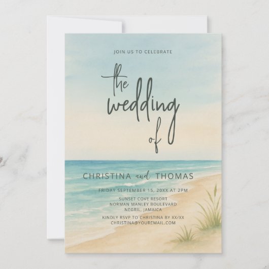 Invitation Mariage sur la plage côtière à l'aquarelle (Devant)
