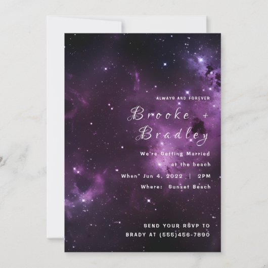 Invitation Mariage sur la plage de la nébuleuse violet foncé (Devant)