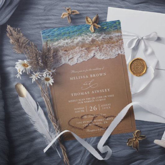 Invitation Mariage sur la plage d'été avec QR Code Cœurs dans