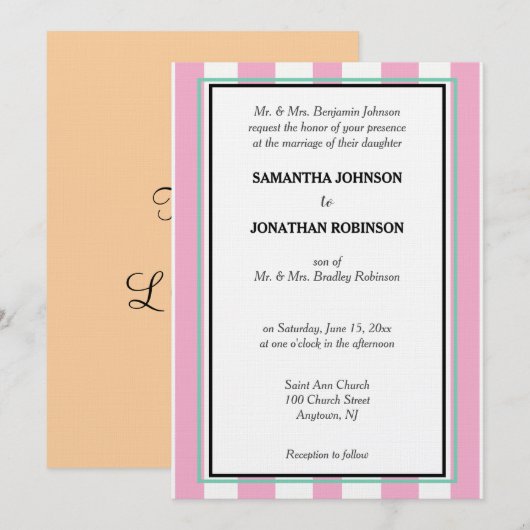 Invitation Mariage sur la plage rose vert blanc rayé (Devant / Derrière)