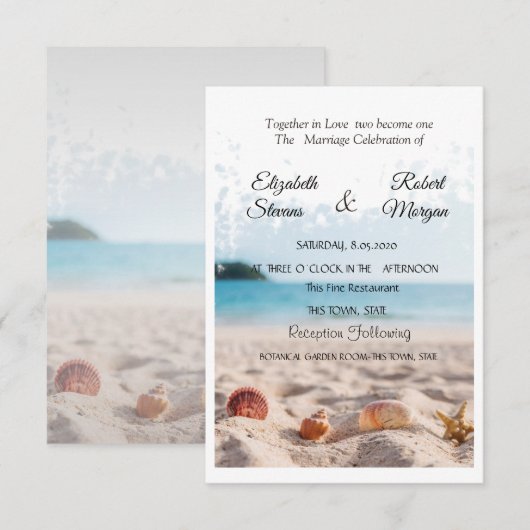 Invitation Mariage sur la Plage, Sable, Coquillages Invitatio (Devant / Derrière)