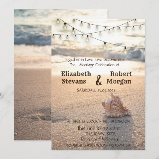 Invitation Mariage sur la Plage, Sable, Guirlande Lumineuse C (Devant / Derrière)