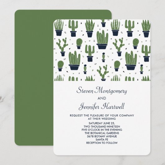Invitation Mariage sur le thème Cactus Vert Rustique en Pots  (Devant / Derrière)