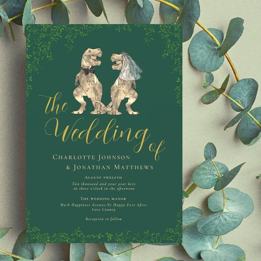 Invitation Mariage sur le thème des dinosaures Vert et Or