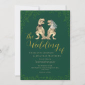 Invitation Mariage sur le thème des dinosaures Vert et Or (Devant)