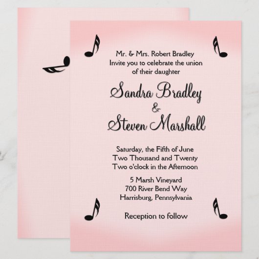 Invitation Mariage sur le thème musical rose (Devant / Derrière)
