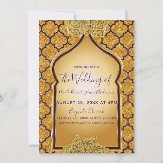 Invitation Mariage sur le thème royal indien arabe de l'or po (Devant)