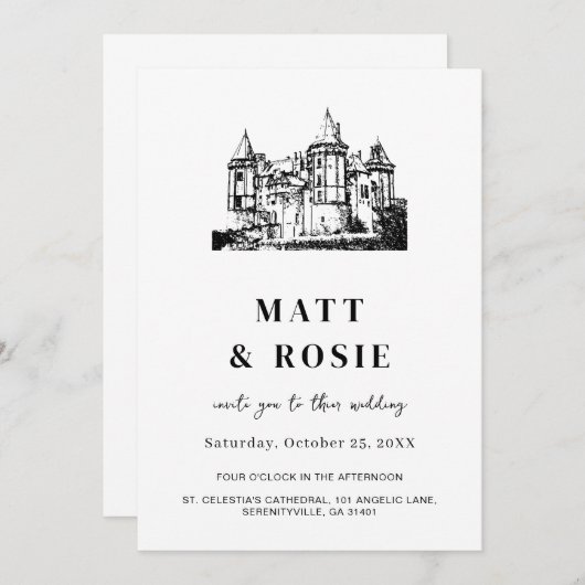 Invitation Mariage sur mesure avec le lieu croquis numérique  (Devant / Derrière)