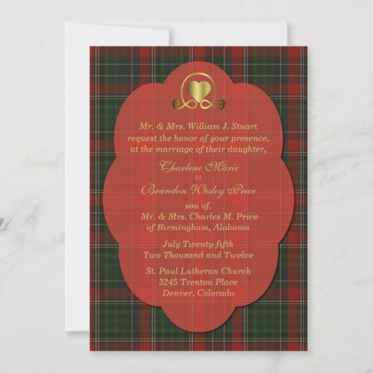 Invitation Mariage sur mesure de Tartan en tissu rouge et ver (Devant)