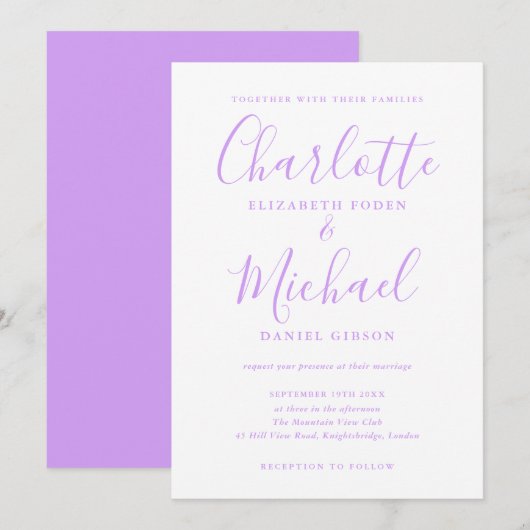 Invitation Mariage sur mesure Lavande Lilas (Devant / Derrière)