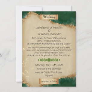 Invitation Mariage sur parchemin doré vert agate médiéval