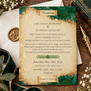 Invitation Mariage sur parchemin doré vert agate médiéval