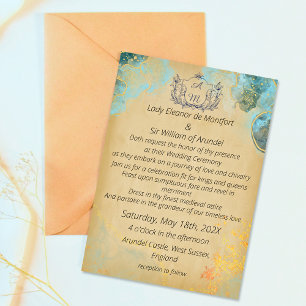 Invitation Mariage sur parchemin vert or médiéval