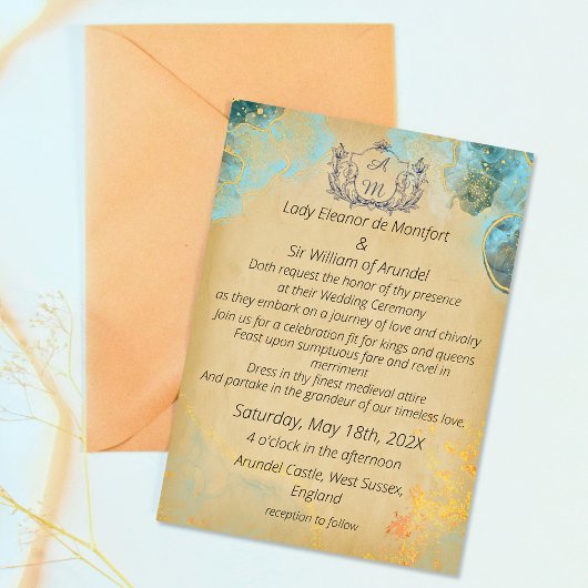 Invitation Mariage sur parchemin vert or médiéval