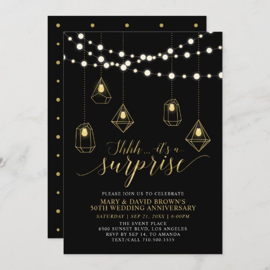 Invitation Mariage surprise aux lumières dorées et noires pou (Devant / Derrière)