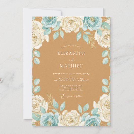 Invitation Mariage Tan Aqua Rose Chaude (Devant)