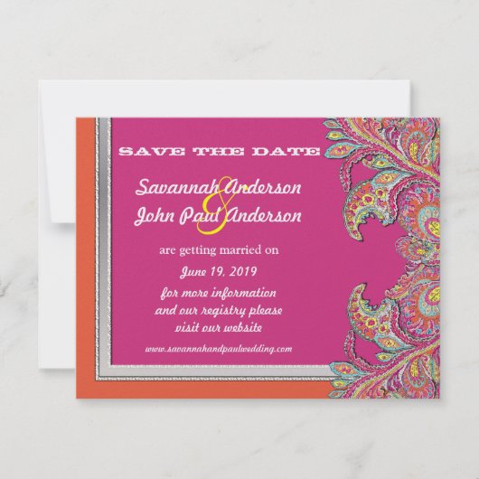 Invitation Mariage Tangerine et Fuchsia Argenté, Enregistrez  (Devant)