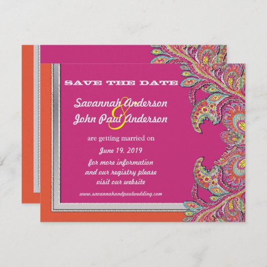 Invitation Mariage Tangerine et Fuchsia Argenté Enregistrez l (Devant / Derrière)