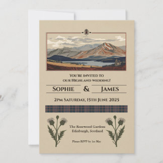 Invitation Mariage Tartan Chardon Paysage des Highlands Écoss