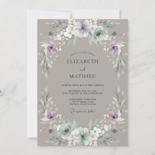Invitation Mariage Taupe Améthyste Feuillage Poussiéreux Euca