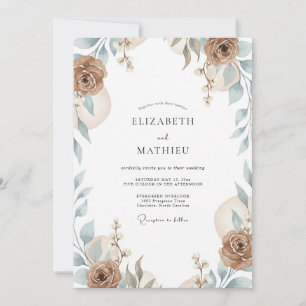 Invitation Mariage Taupe Antique Feuilles d'Argent