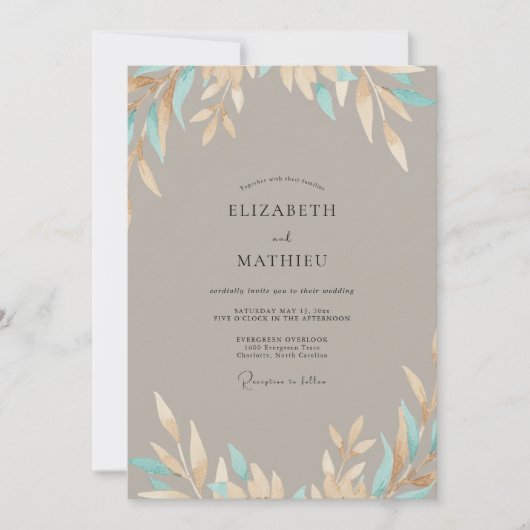 Invitation Mariage Taupe Aqua Leaf (Devant)