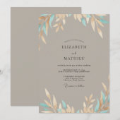 Invitation Mariage Taupe Aqua Leaf (Devant / Derrière)