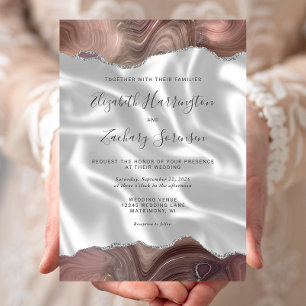 Invitation Mariage Taupe Argent Agate Blanc Soie