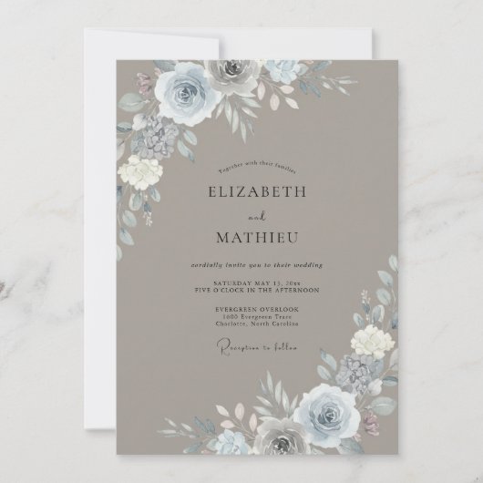 Invitation Mariage Taupe Argenté Feuillu Discrèt (Devant)