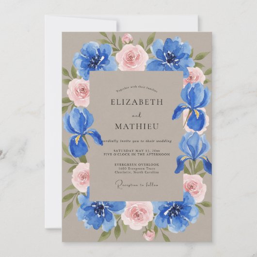 Invitation Mariage Taupe Cobalt Iris Eucalyptus (Devant)