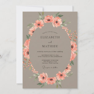 Invitation Mariage Taupe Corail Ranunculus Eucalyptus Gris