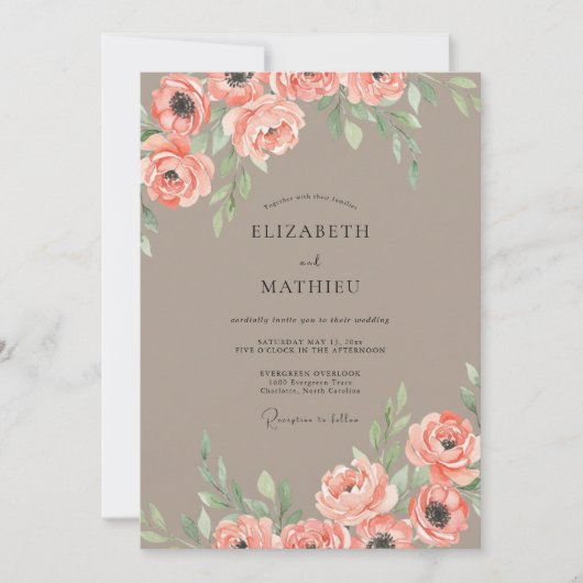 Invitation Mariage Taupe Coral Leaf (Devant)