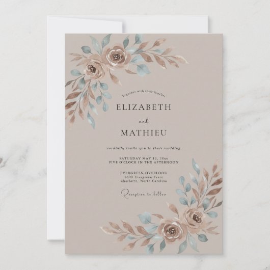 Invitation Mariage Taupe Floral Romance Rustique (Devant)