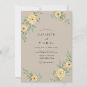 Invitation Mariage Taupe Jaune Ranunculus Eucalyptus