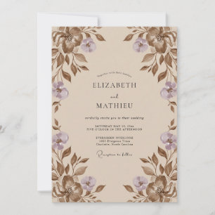 Invitation Mariage Taupe Lilas Feuille