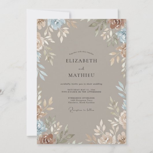 Invitation Mariage Taupe Perle Argenté Feuillu (Devant)