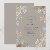 Invitation Mariage Taupe Perle Argenté Feuillu (Devant / Derrière)